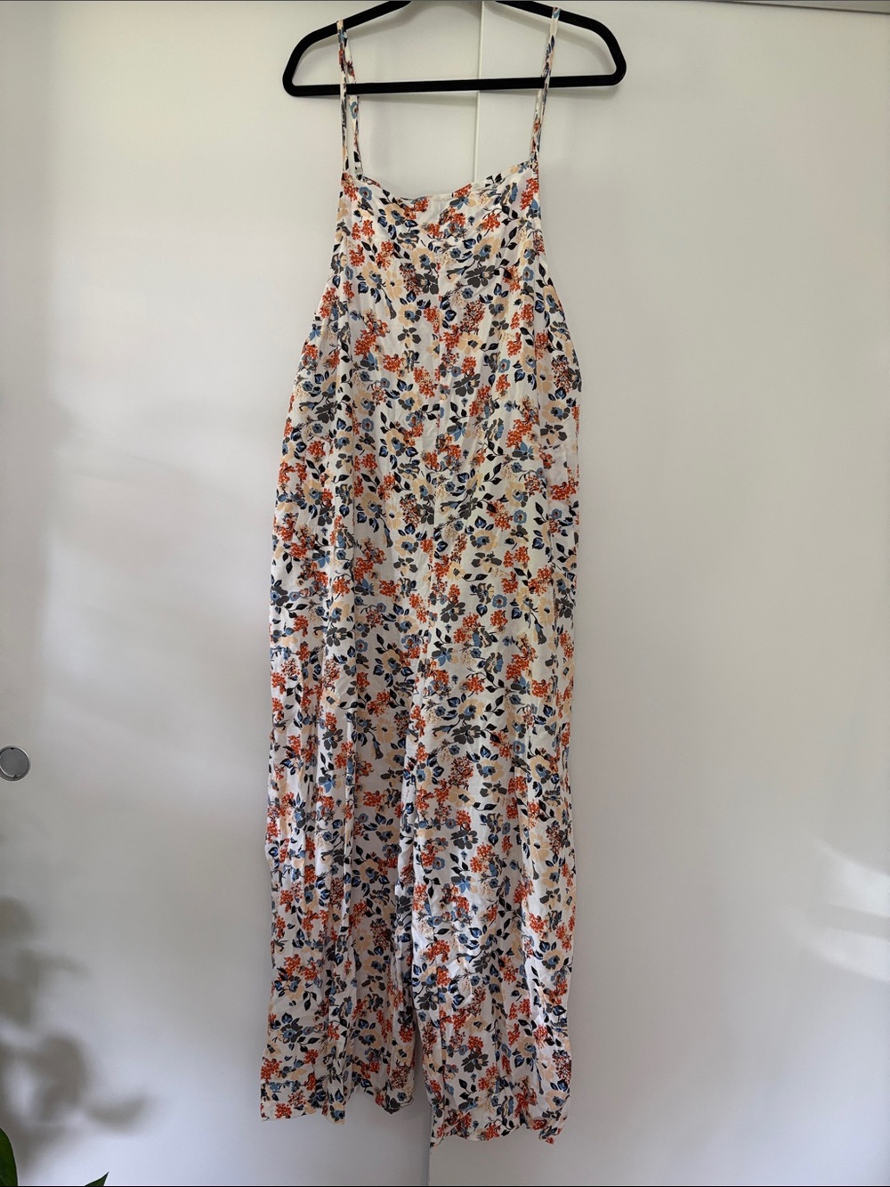 XL Floral Spaghetti Strap Jumpsuit/Overalls White with Orange & Navy Floral